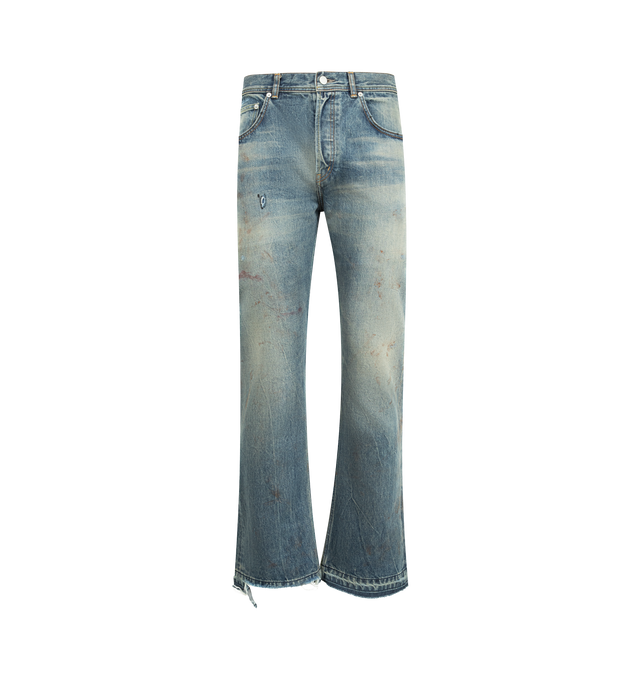 Image 1 of 3 - BLUE - ENFANTS RICHES DEPRIMES Elvis Texas Flare Jeans featuring 14oz Japanese cotton denim, mid-rise, slightly flared silhouette, five-pocket styling, a button fly, belt loops at the waistband, ERD-branded hardware, an embossed logo patch at the back waistband, raw hem leg openings and a heavy vintage wash and distressing throughout.