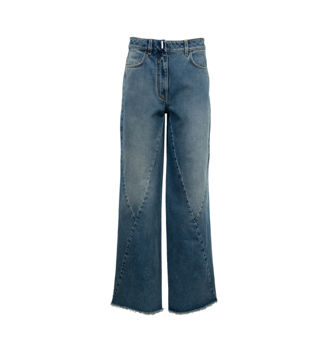 Image 1 of 3 - BLUE - GIVENCHY Oversized Jeans with Stitching Details featuring washed denim, waist with loops and zipped closure with GIVENCHY metal bar, two front pockets and two back pockets, no hems for a raw effect and oversized fit. 100% cotton. Made in Italy. 