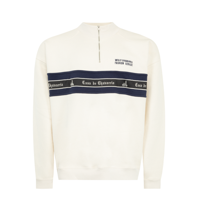 Image 1 of 2 - WHITE - WILLY CHAVARRIA Casa De Chavarria Gilroy Mock Neck Sweatshirt featuring a relaxed, boxy silhouette, structured mock neck, quarter-zip closure, bold horizontal stripe across the chest with signature branding, ribbed trims and oversized fit. 100% cotton.