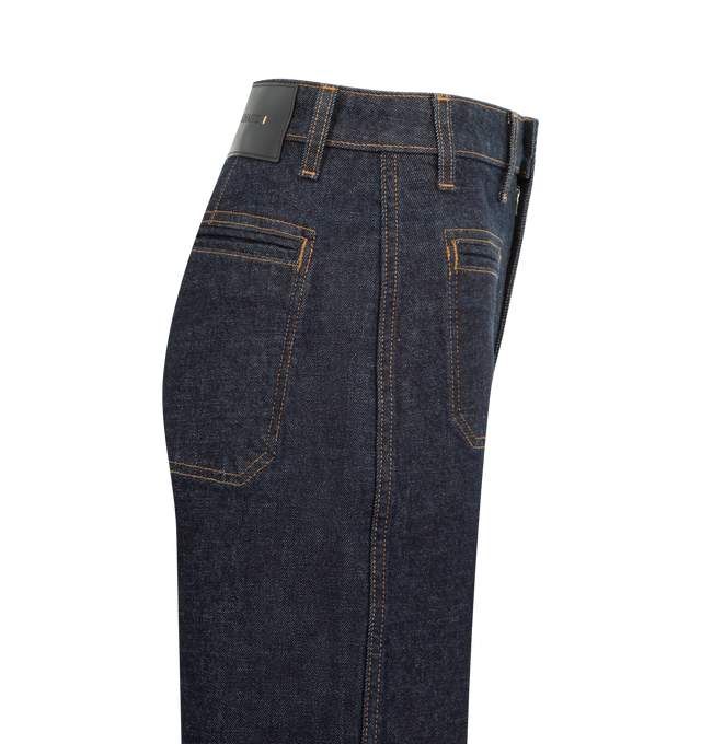 Image 3 of 3 - BLUE - KHAITE Delmonico Jean featuring welted patch pockets at front, high-waisted silhouette, wide-leg cut and an embossed button of antiqued nickel. 98% cotton, 2% polyurethane. Made in the USA.