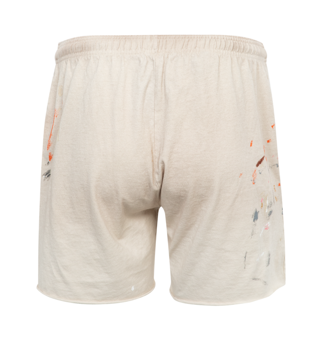 Image 2 of 3 - WHITE - GALLERY DEPT. Insomnia Shorts featuring a heavyweight cotton jersey construction with a relaxed, above-the-knee cut and raw-edged hems, deep pockets, an exposed elastic waistband, and an adjustable internal drawcord for versatility. Hand-painted splatters adorn the sturdy yet breathable fabric, finished with the classic logotype on the right leg. 100% heavyweight cotton. 