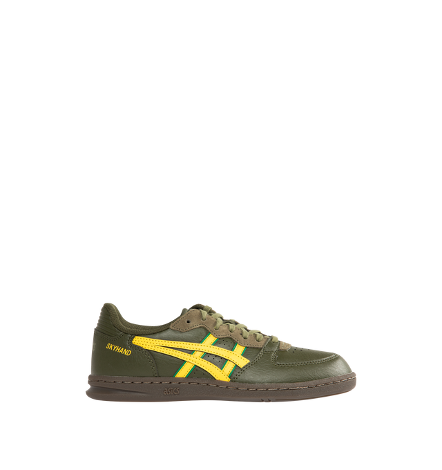 Image 1 of 5 - GREEN - ASICS Skyhand OG Sneakers featuring calf suede, logo-embellished side panels, logo-embroidered tongue, embroidered logo to the rear, round toe, front lace-up fastening, EVA midsole and flat rubber sole.