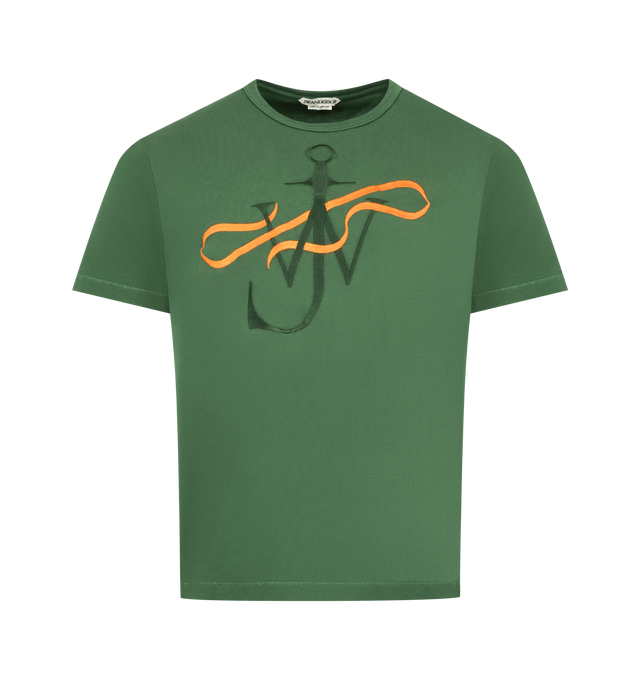 Image 1 of 2 - GREEN - JW ANDERSON Ribbon Anchor T-shirt featuring a classic crew neck fit, anchor ribbon embroidery and short sleeves. 100% cotton. Made in Portugal.