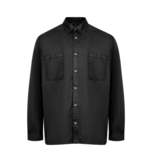 Image 1 of 2 - BLACK - DRKSHDW Jumbo Outershirt featuring a classic collar, button closure, chest pockets, long sleeves, buttoned cuffs, and straight hem. 100% cotton.