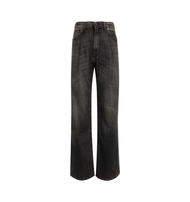 Image 1 of 3 - BLACK - R13 Damon Pleated Wide Leg Jean featuring zip fly with button closure, 5-pocket design, pleated fabric details at waist, whiskering along front and heavily faded and lightly distressed throughout. 100% cotton. Made in Italy.
