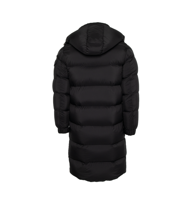 Image 2 of 4 - BLACK - MONCLER Hanoverian Long Down Jacket featuring longue saison lining, down-filled, detachable hood, zipper and snap button closure, zipped pockets, patch pocket on the sleeve, adjustable cuffs and hem with drawstring fastening. 100% polyamide/nylon. Padding: 90% down, 10% feather. 