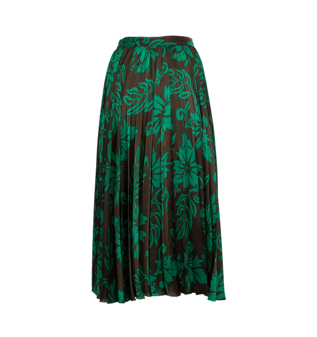 Image 2 of 3 - GREEN - SACAI Floral Midi Skirt featuring garment-pleated polyester satin, floral pattern printed throughout, wrap construction, cinch strap at waistband and partial satin lining. 100% polyester. Lining: 100% cupro. Made in Japan. 