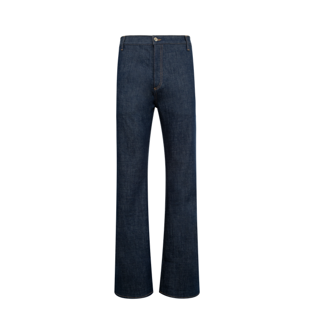 Image 1 of 3 - BLUE - AMIRI Raw Bootcut Jeans featuring bootcut silhouette, five-pocket styling, zip fly and button closure. 100% cotton. Made in Italy.