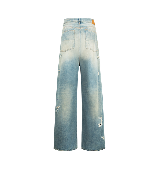 Image 2 of 4 - BLUE - AMIRI Bones Studded Baggy Jean featuring croc embossed leather bone appliques and stud detailing, distressed throughout, stud embellishments, rhinestone rivets and baggy fit. 100% cotton. Made in Italy.