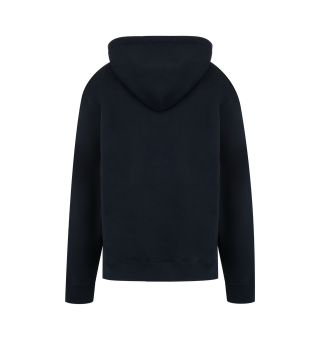 Image 2 of 3 - BLUE - Jil Sander Mens Logo Print Hoodie is crafted from cotton with a soft fleece lining. Features a relaxed fit, dropped shoulders, long sleeves, hood, ribbed cuffs, front contrast logo print, and embroidered headband accent. Main Material: 100% Cotton. Made in Italy.