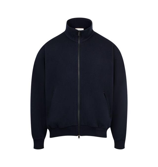 Image 1 of 3 - NAVY - THE ROW Dazen Jacket featuring long-sleeved jacket in cashmere-cotton French terry with welt pockets, zippered front placket, and ribbed cuffs and hem. 69% cashmere, 31% cotton. Made in Italy.