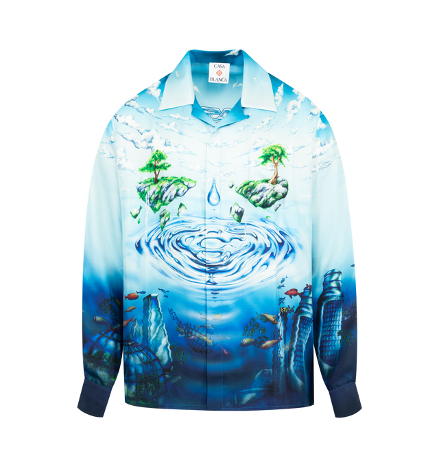 Image 1 of 2 - BLUE - CASABLANCA Lost Atlantis Silk Shirt featuring graphic printed throughout, open spread collar, concealed button closure and long sleeves. 100% silk. Made in Italy.