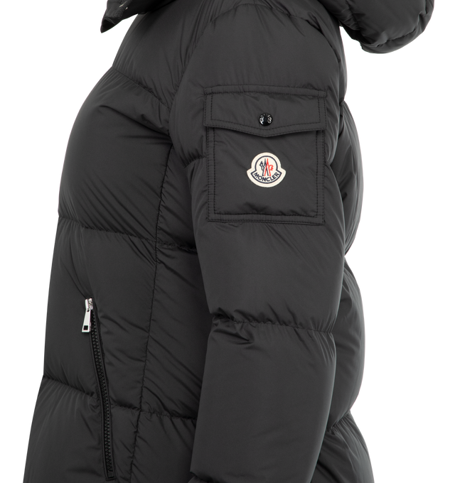 Image 3 of 4 - BLACK - MONCLER Fourmines Hooded Short Down Jacket featuring recycled polyester, down-filled, detachable and adjustable hood with recycled polyester lining, zipper closure, zipped pockets, sleeve pocket with snap button closure and adjustable cuffs. 100% polyester. Padding: 90% down, 10% feather.