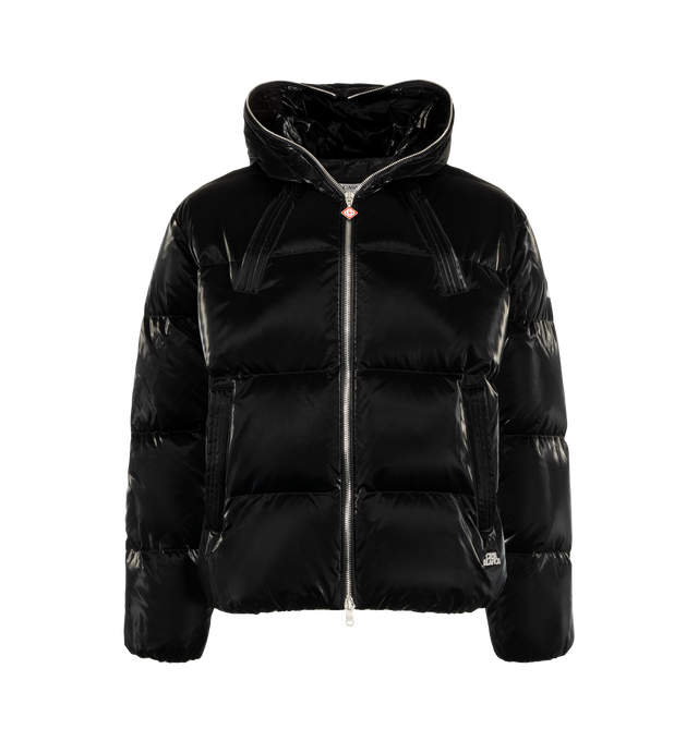 Image 1 of 3 - BLACK - Casablanca Men's Lacquered Nylon Puffer Down Jacket is crafted from lacquered polyester-polyurethane fabric and features a hooded silhouette, a two-way zip closure, and slanted twin zip pockets at the chest and hips. Designed for cold-weather layering, it is finished with a signature diamond logo zipper pull and an adjustable drawstring hem with interlocking CC logo toggles. Main Material: 57% Polyester, 43% Polyurethane. Lining: 100% Polyamide. Padding: 90% Down, 10% Feather.