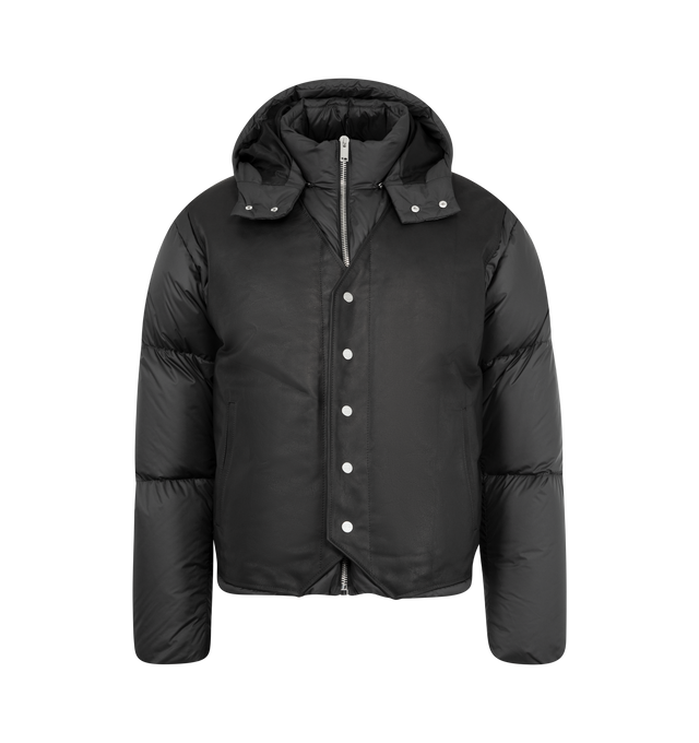 Image 1 of 4 - BLACK - SECOND LAYER Neda Down Puffer Jacket featuring heavy weight jacket in cropped boxy fit, removable hood, fully lined and padded. Calf leather, goose down, nylon.