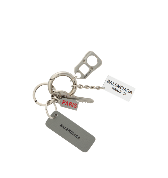 Image 1 of 2 - SILVER - BALENCIAGA All Access Keychain featuring accumulation of several charms, BB and Balenciaga logos engraved, multiple rings to attach on the bag or be used as a keychain. This item is nickel-free, lead-free, and hypoallergenic. L1,58 x H6,3 x W1,19 inch. Made in Italy.