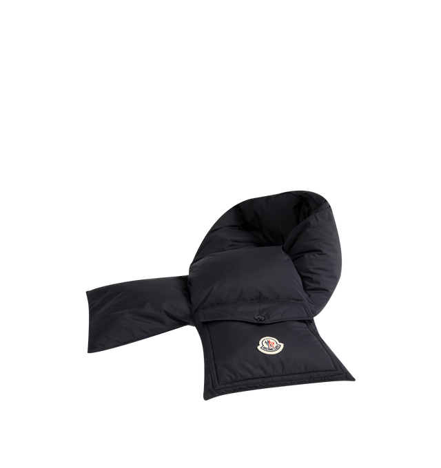 Image 2 of 2 - NAVY - MONCLER Down Packable Scarf featuring polyester, packable, down-filled, patch pocket with snap button closure and logo patch. 100% polyester. Padding: 90% down, 10% feather. Made in Moldova.