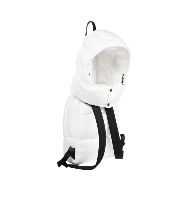 Image 2 of 4 - WHITE - MONCLER Caradoc Water-Repellent Backpack featuring nylon technique lining, calf leather trim, down-filled, detachable hood, adjustable shoulder straps, smooth calf leather handle, zipper closure and zipped pockets. L 30 cm X H 43 cm X D 14 cm. 100% polyamide/nylon. Padding: 90% down, 10% feather.