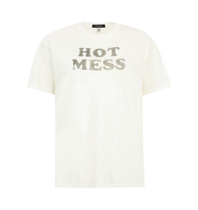Image 1 of 2 - WHITE - R13 Hot-Mess Boy T-Shirt featuring crew neck, short sleeves, relaxed fit and graphic text on front. 95% cotton, 5% elastane.