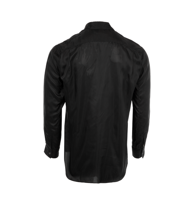 Image 2 of 3 - BLACK - Comme des Garons Shirt satin finish long-sleeved buttoned shirt featuring chest patch pocket, classic collar, front button fastening, long sleeves, buttoned cuffs, and curved hem. 100% Cupra. Made in France.