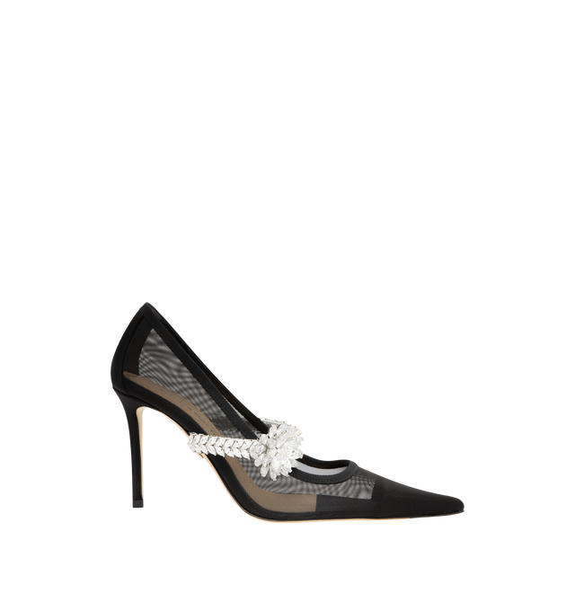 Image 1 of 4 - BLACK - MACH & MACH Lotus Flower Jewelled Mesh Pumps featuring sheer Italian mesh with a crystal strap, pointed toe and 95 mm heel. Upper: 100% Polyamide with crystal embellishment. Lining: 100% Kid Leather. Sole: 100% Calf Leather. Made in Italy.