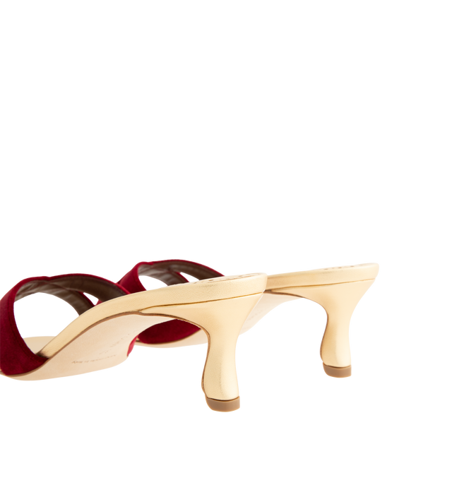 Image 3 of 4 - RED - Manolo Blahnik Women's Callydramu kitten heeled sandals are crafted from dark red velvet and gold nappa leather and feature an open-toe silhouette with crossover front straps and a sculptural 50mm angular heel. These designer heeled sandals combine luxurious Italian craftsmanship with elegant color contrast, making them a sophisticated choice for special occasions and evening wear. Main Material: 95% Velvet, 5% Lamb Nappa Leather. Lining: 100% Kid Leather. Sole: 100% Calf Leather. Heel