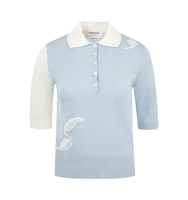 Image 1 of 2 - BLUE - THOM BROWNE Funmix Feather 4 Bar Polo featuring woven feathers, signature 4-bar detailing, partial front button placket, buttoned side vents with signature striped grosgrain trim and signature striped grosgrain loop tab. 100% cotton. Made in Italy.