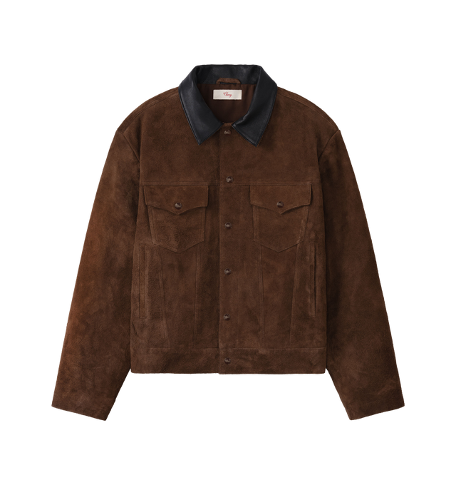 Image 1 of 5 - BROWN - Cherry LA Suede Trucker Jacket is crafted from premium calf suede and features a classic trucker silhouette with a contrasting black leather collar, chest patch pockets, and side-seam welt pockets. Designed with a timeless fit, this elevated outerwear style is finished with branded snap closures and refined leather detailing throughout. Main Material: Calf Suede. Collar: Black Leather.