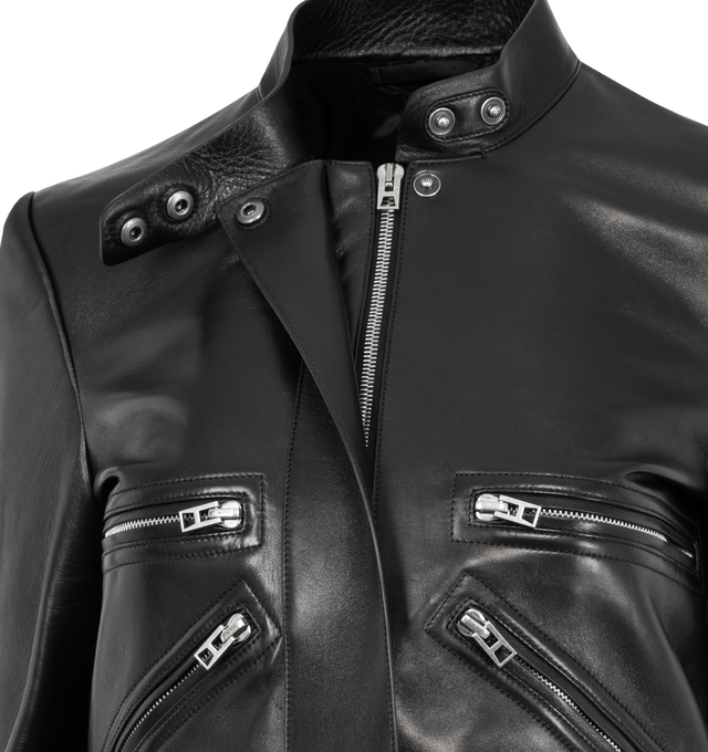 Image 3 of 4 - BLACK - TOM FORD Nappa Leather Racer Jacket featuring a sculpted racer jacket cut in supple nappa leather, a band collar and silver-tone zipped pockets. 100% lamb leather. Lining: 100% viscose. Made in Italy.