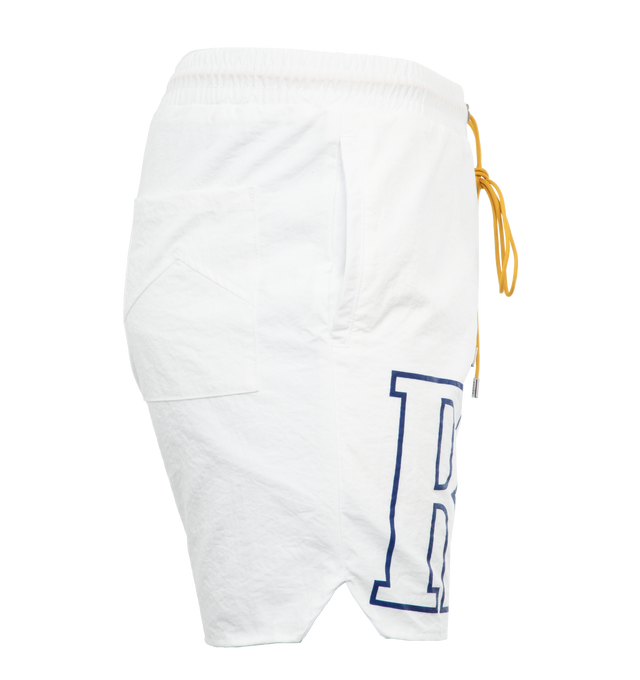 Image 3 of 4 - WHITE - RHUDE Logo Track Shorts featuring pull-on styling, elastic waistband with drawstring, printed front panel, two side pockets and one back patch pocket. 100% nylon. Made in USA. 