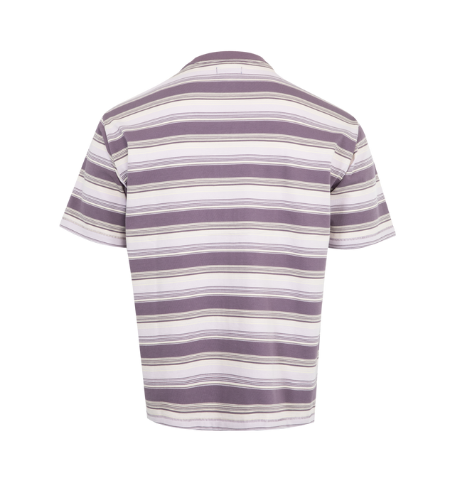 Image 2 of 2 - PURPLE - MARKET Smiley Lockup Striped T-Shirt featuring crew neck, short sleeves, graphic on front, stripes throughout and relaxed fit. 100% cotton.