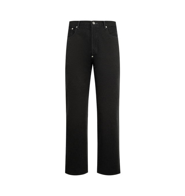 Image 1 of 3 - GREY - POST O'ALLS No. 10 Five Pocket Jean featuring a moderately loose silhouette, a back strap at the waist, exposed rivets on the hip pockets, 5 pocket style and button zip closure. 100% cotton. Made in Japan.
