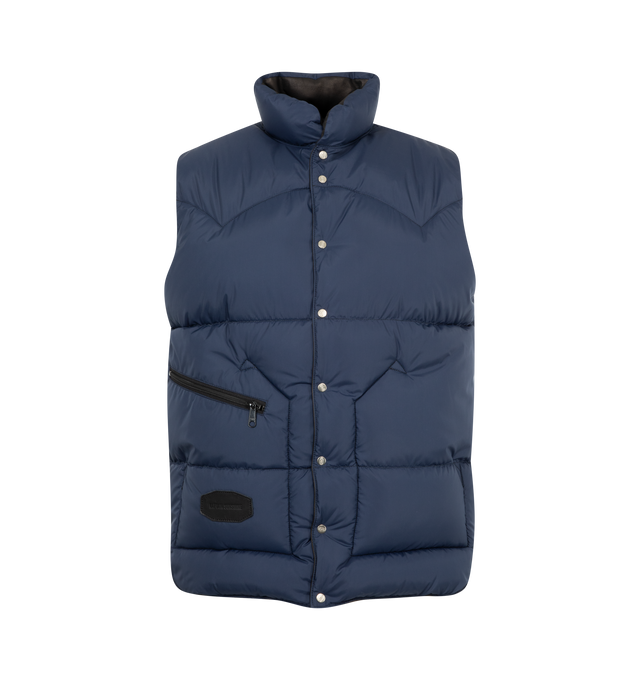Image 3 of 3 - BLACK - Kaptain Sunshine Leather Vest has a stand collar, a snap button closure, and side pockets. 90% down, 10% feather fill. 100% sheepskin outer. Made in Japan.