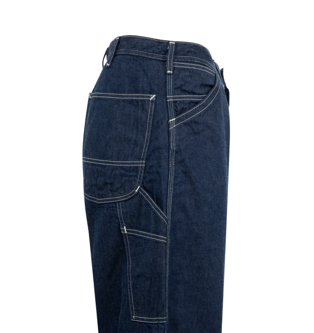 Image 3 of 3 - NAVY - ORSLOW Wide Fit 30's Painter Pants featuring five-pocket detailing, white stitching, a zipper fly with snap button closure, and aged copper rivets. 100% cotton. Made in Japan.