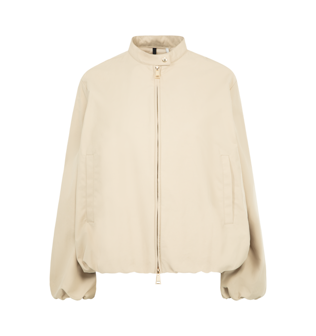 Image 1 of 3 - NEUTRAL - MONCLER Gruissan Padded Jacket featuring a cotton and nylon blend, cotton lining, padded, collar with snap button closure, zipper closure, welt pockets, elastic cuffs and hem and leather logo patch. 64% cotton, 36% polyamide/nylon. Padding: 100% polyester. Made in Romania.