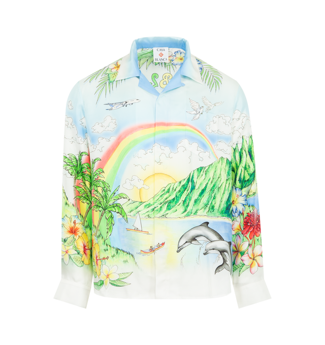 Image 1 of 2 - MULTI - CASABLANCA Aloha Long-Sleeve Shirt featuring a vibrant, painted depiction of Kauai, Hawaii, a collared silhouette, button closure, interlocking CC logo buttons, and signature gold rim pearl button at the cuffs. 100% silk. Made in Italy.