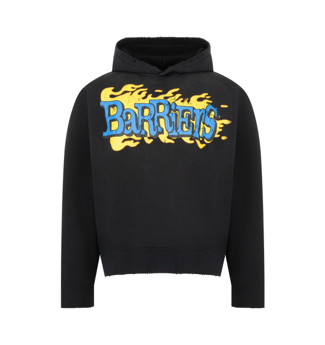 Image 1 of 3 - BLACK - BARRIERS World in Flames Hoodie featuring slightly boxy fit, hidden pocket, screen printed graphic on front and back and heavy weight. 100% cotton.
