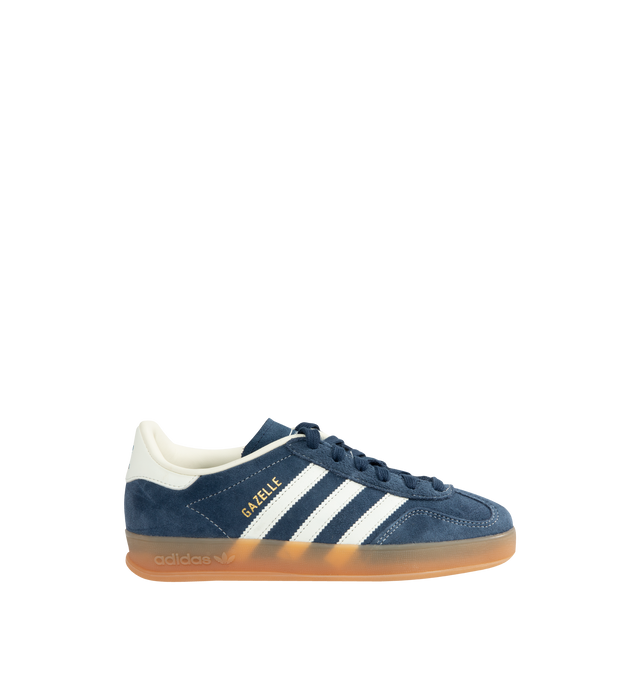 Image 1 of 5 - NAVY - Adidas Gazelle Indoor Sneakers are a lace-up style with suede uppers and gum outsoles. Textile linings. Unisex style in men's sizes.