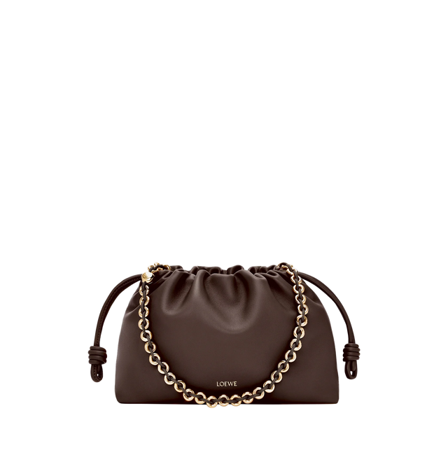 Image 1 of 6 - BROWN - LOEWE Medium Flamenco Purse featuring a lightweight and soft bag with a ruched shape, historical knot drawstrings, shoulder, crossbody or hand carry, detachable donut chain with Anagram Pebble, detachable and adjustable leather strap, magnetic closure, suede lining and embossed LOEWE. Mellow nappa lambskin. 20 cm x 30 cm x 10.5 cm. Made in Spain.