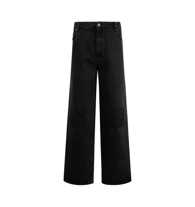 Image 1 of 3 - BLACK - LOEWE Anagram Baggy Jeans in medium-weight washed cotton denim featuring Anagram embroideries at the knees?, relaxed fit, regular length, mid waist, loose leg, concealed zip fly, slash pockets, rear patch pockets and LOEWE embossed leather patch placed at the back. Cotton. Made in Italy.