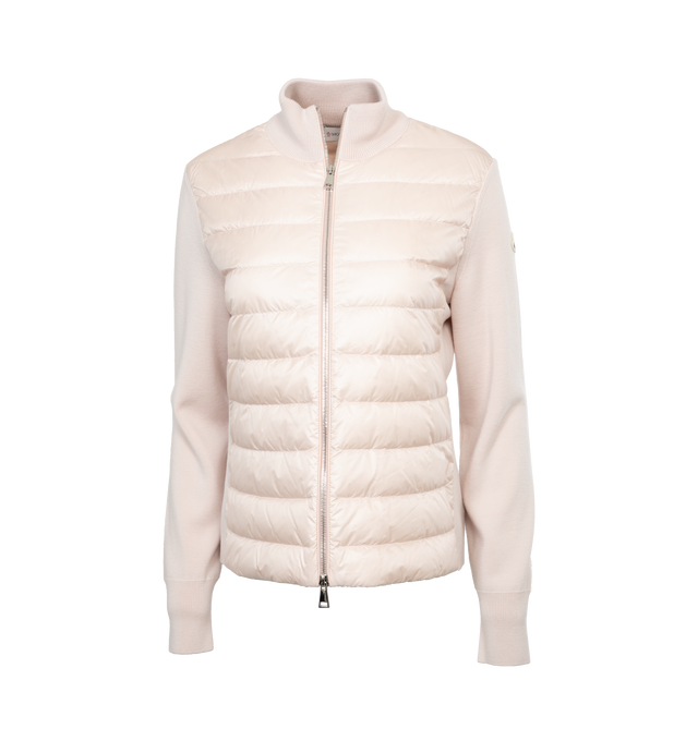 Image 1 of 3 - PINK - MONCLER Padded Cardigan featuring nylon lger brillant lining, down-filled, plain knit, Gauge 14 and zipper closure. 100% polyamide/nylon. 100% virgin wool. Padding: 90% down, 10% feather. 