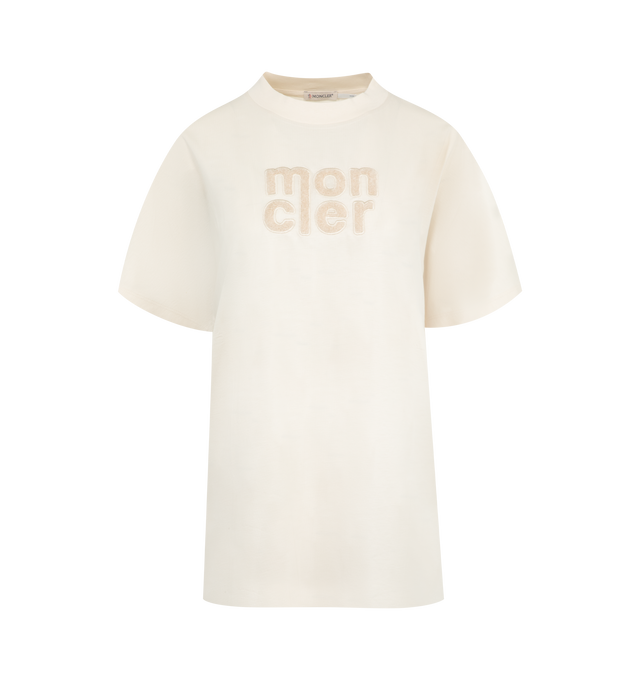 Image 1 of 3 - WHITE - MONCLER Logo Shirt featuring cotton jersey, ribbed crew neck, short sleeves and logo on front. 100% cotton.