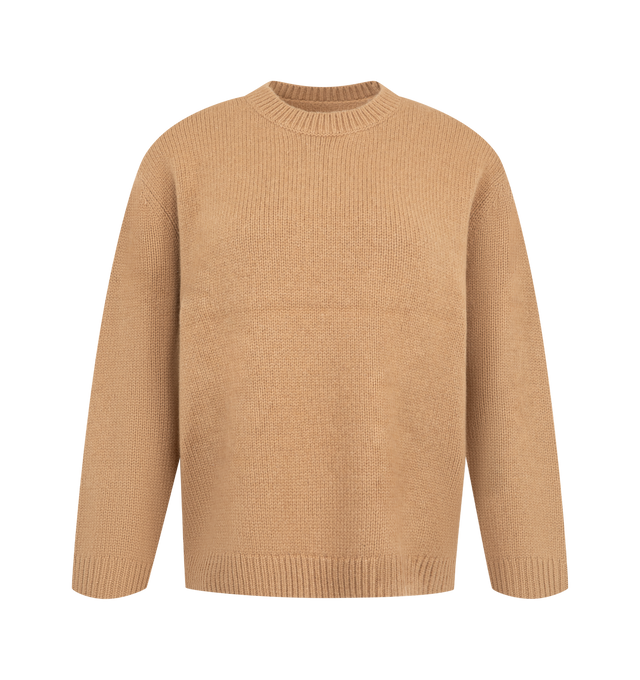 Image 1 of 2 - NEUTRAL - Toteme Women's Camel Hair Knit Sweater is crafted from featherlight camel hair yarn and features a slim, slightly cropped silhouette with three-quarter sleeves. Designed with a crewneck and pullover construction, it is finished with ribbed knit trims at the neck, cuffs, and hem. Main Material: 100% camel hair yarn. Imported