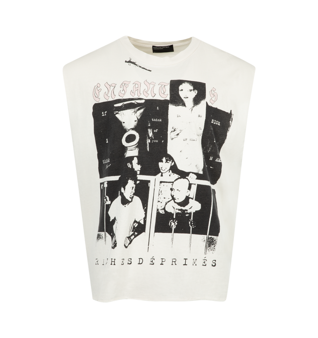 Image 1 of 2 - WHITE - ENFANTS RICHES DEPRIMES Endless Blockades Cut Off T-Shirt featuring heavyweight cotton fabric with a vintage wash, a longer, oversized fit with a rib knit neckline and raw hems at the waist and armholes and printed artwork appears at the front and back. 100% cotton. Made in the USA.