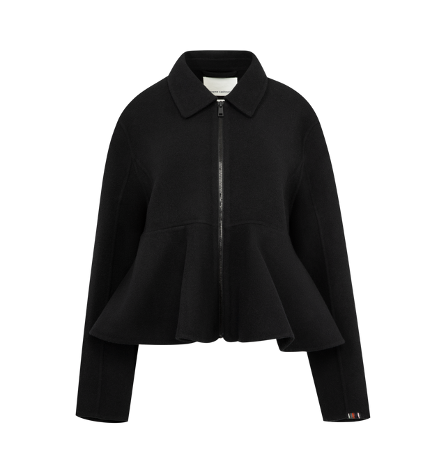 Image 1 of 3 - BLACK - EXTREME CASHMERE Queen Coat featuring a refined cashmere peplum jacket with a cropped, tailored fit, crafted from double-faced cashmere, full-length zipper, slit pockets hidden in the horizontal seam, fitted at the top and fluid and voluminous at the bottom. 70% wool, 30% cashmere.