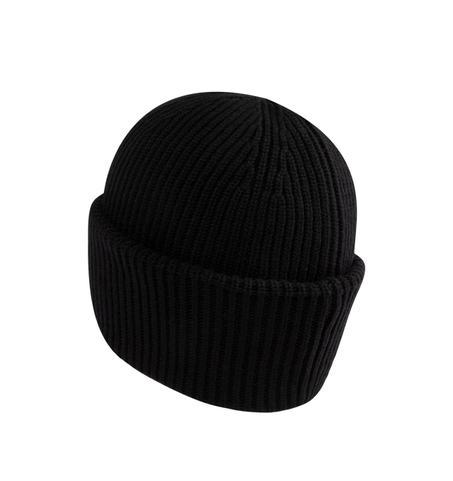 Image 2 of 2 - BLACK - MONCLER Cashmere Beanie featuring rib knit, gauge 7 and leather logo patch. 100% cashmere. Made in Bulgaria.