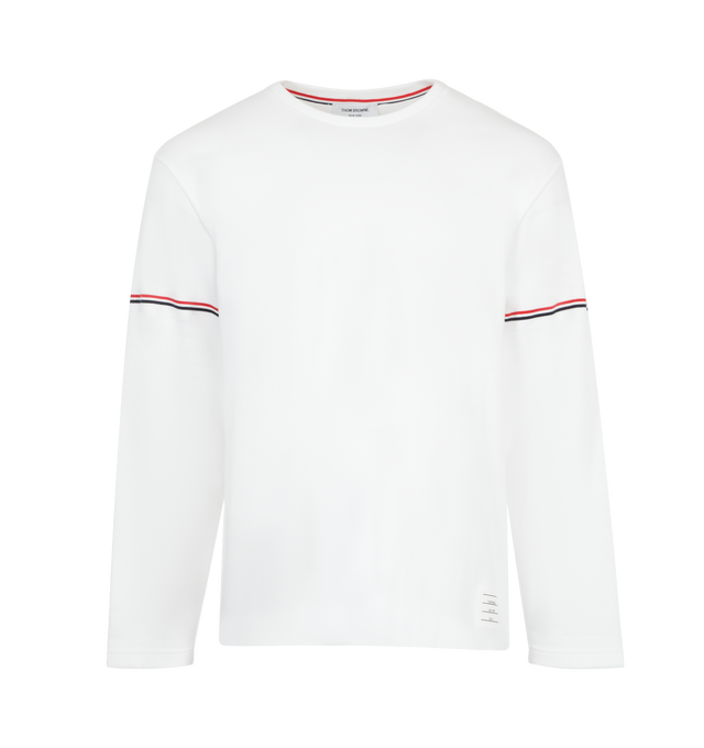Image 1 of 2 - WHITE - Thom Browne Men's rugby fit long sleeve tee crafted from cotton interlock jersey. Featuring iconic grosgrain trim armbands and name tag applique. 100% Cotton. Made in Japan.
