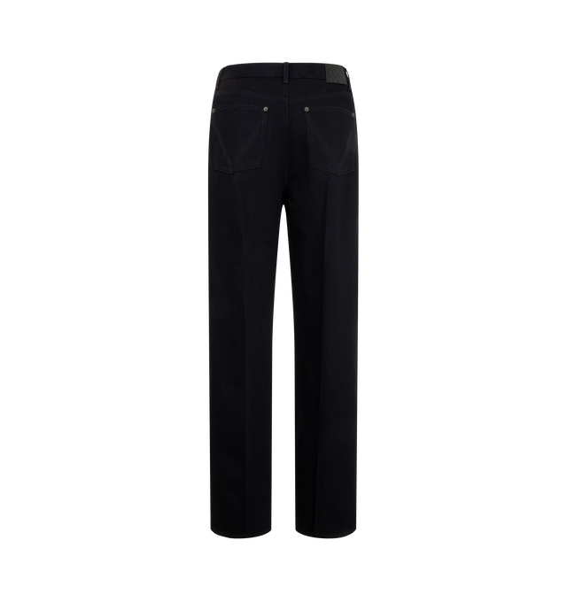 Image 2 of 3 - BLUE - Bottega Veneta Men's Trousers are crafted from dark indigo denim and feature a high-rise waist, a wide-leg silhouette, and an embossed Intrecciato leather patch at the back. Designed with a clean five-pocket-inspired construction and button closure, these jeans combine relaxed proportions with signature house detailing. Main Material: Cotton.