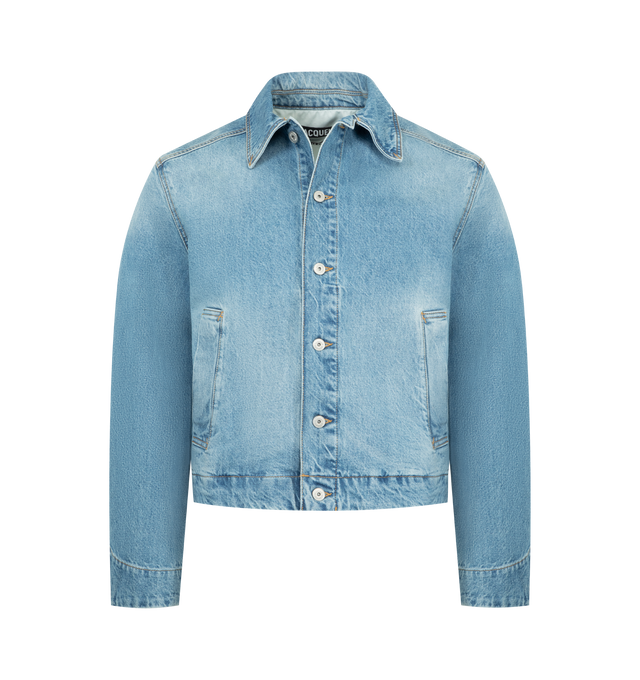 Image 1 of 3 - BLUE - JACQUEMUS Mirada de-Nmes Denim Jacket featuring short denim jacket, straight fit, faded indigo denim, pointed collar, engraved metal buttons, buttoned cuff, two welt pockets, silver metal hardware and contrasting stitching. 100% cotton. Lining : 65% polyester, 35% cotton. Made in Italy.