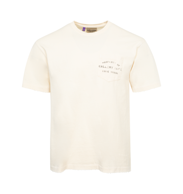 Image 1 of 4 - WHITE - GALLERY DEPT. Property Stencil Logo-Print Distressed Tee featuring short sleeves, crew neckline, patch pocket and screen-printed graphics. 100% cotton. 